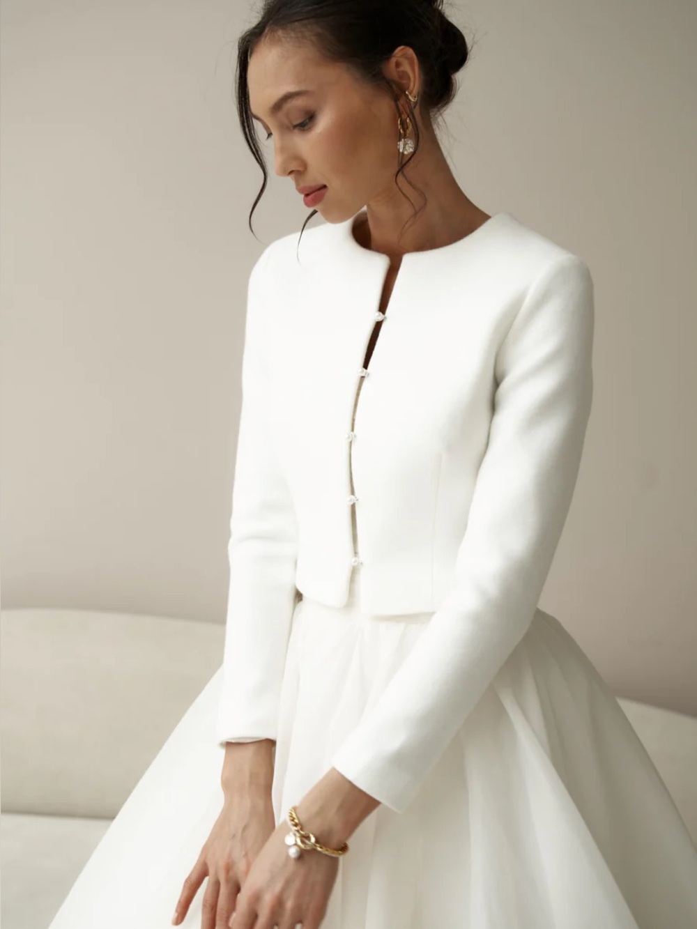 Artpodium Bridal Jacket Classic Style Pearl Buttons Cashmere Wool Size 6 - Picture 2 of 8